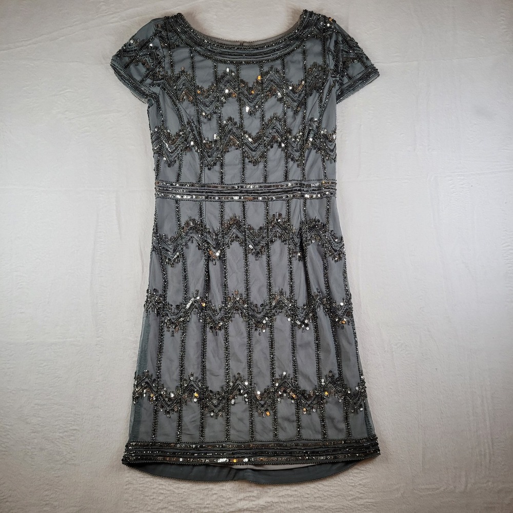 Adrianna Papell Beaded Sequin Sheath Dress Gray Short Sleeve Size 12 Hand Beaded